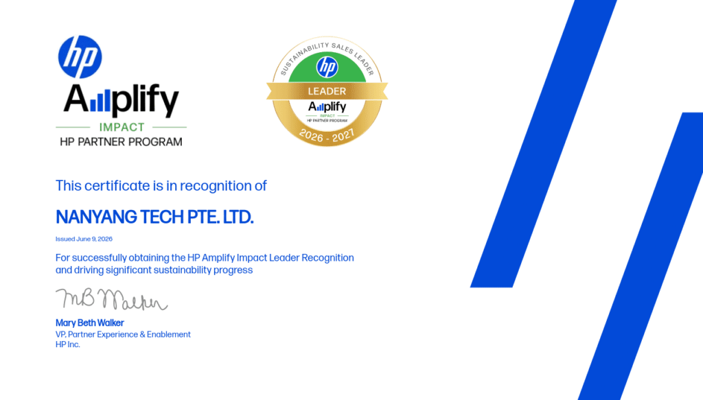 HP Amplify Impact Leader Recognition 2026–2027 certificate awarded to Nanyang Tech Pte Ltd