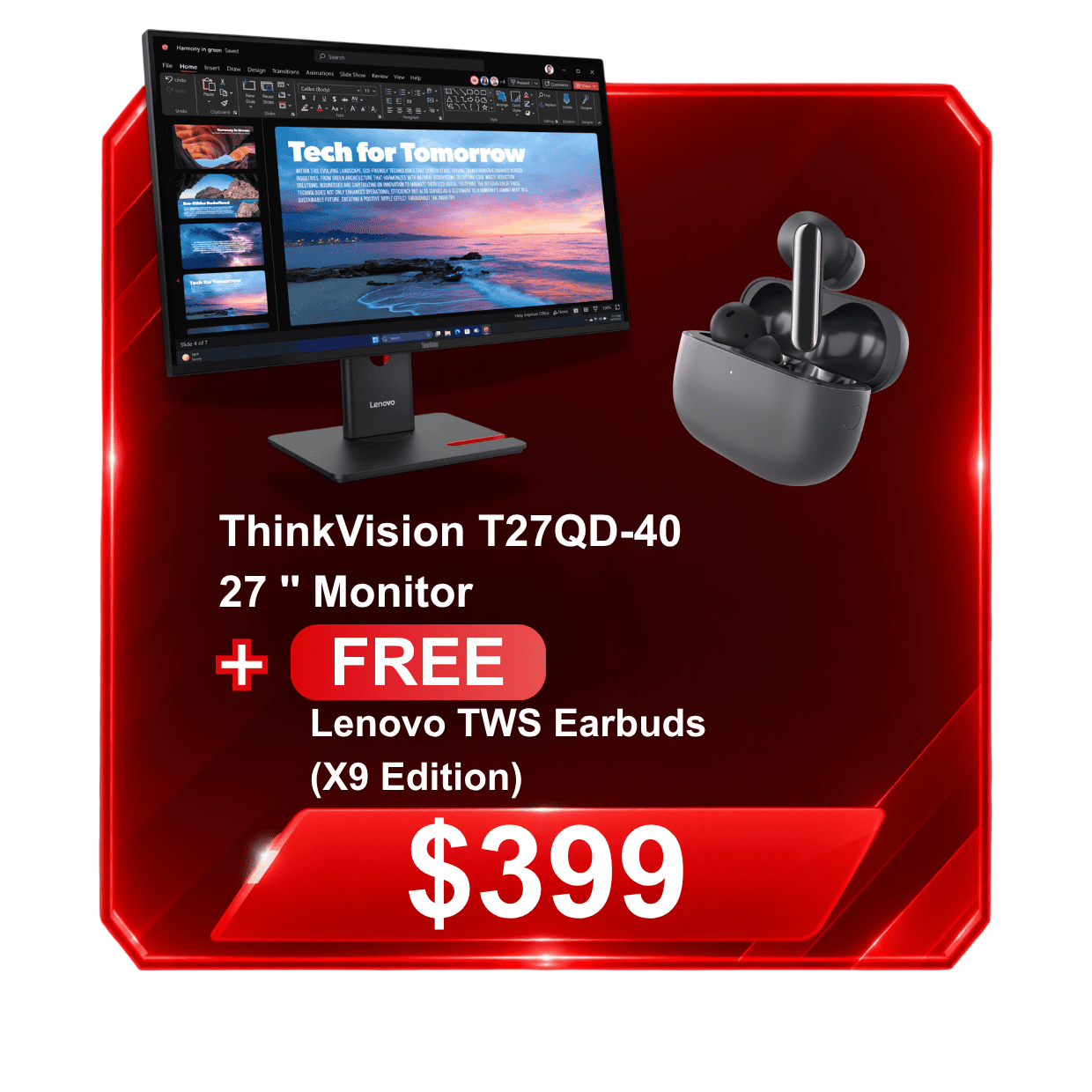 ThinkVision T27QD-40 27 inch Monitor + FREE Lenovo TWS Earbuds (X9 Edition) - $399