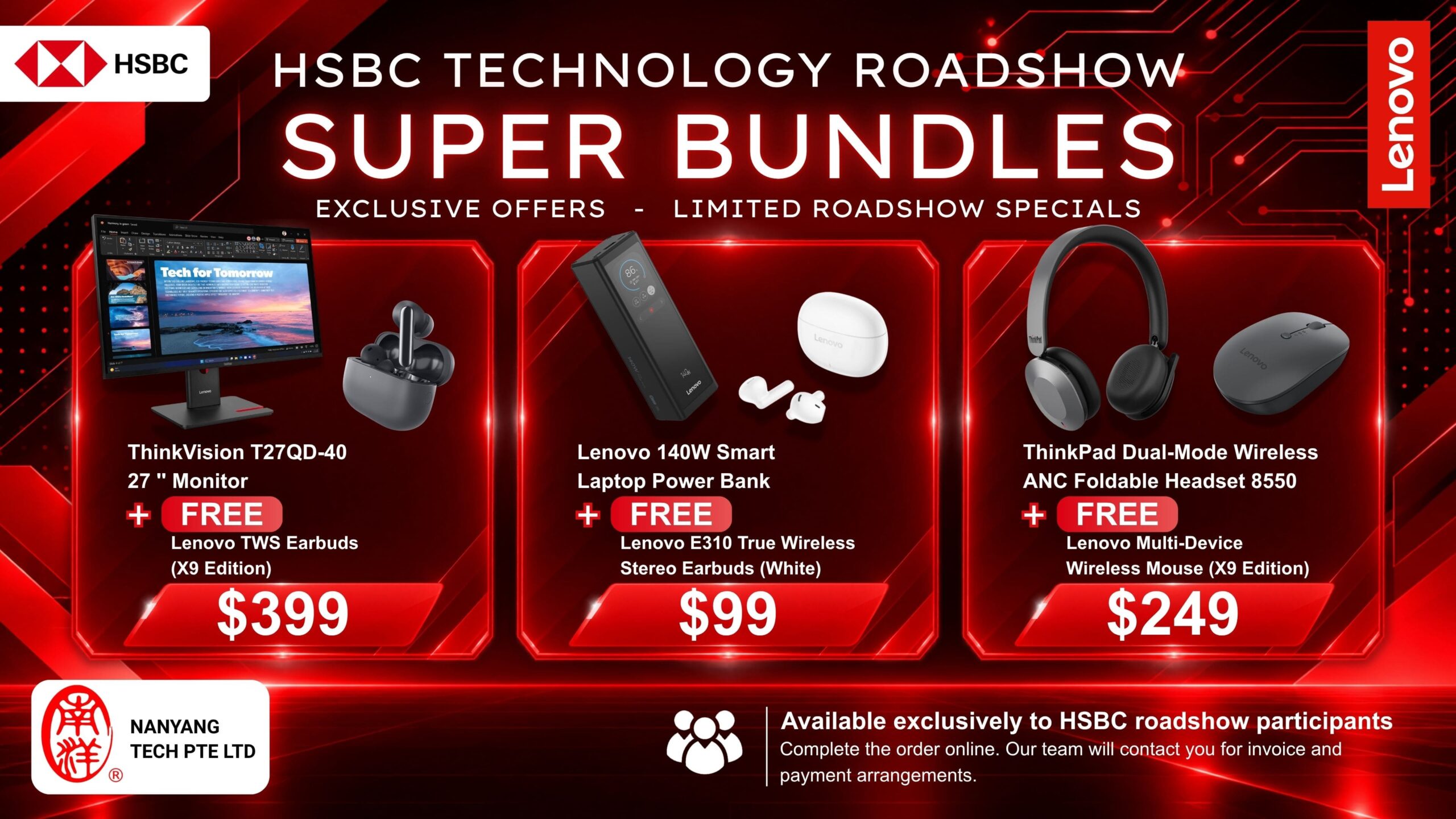 HSBC Technology Roadshow Super Bundles - ThinkVision monitor $399, Lenovo 140W power bank $99, ThinkPad ANC headset $268, each with a free gift